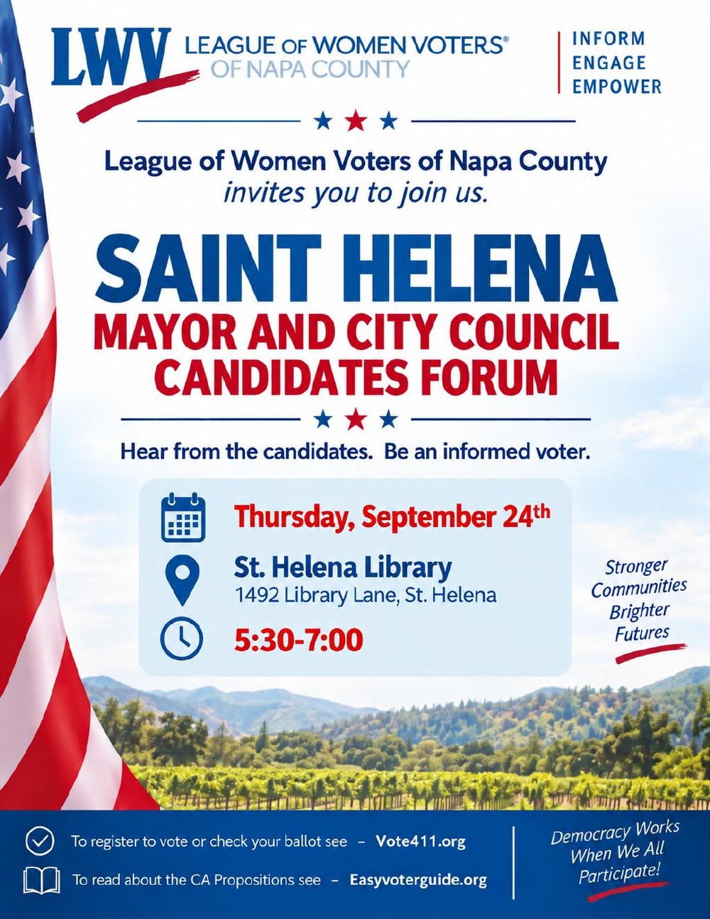 Flyer for the Saint Helena Mayor and City Council Candidates Forum